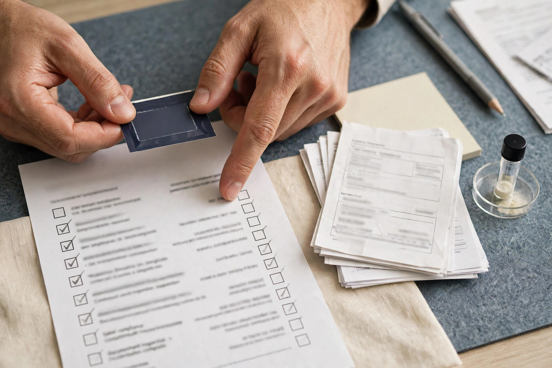 A safety check in progress: a product label being read against a checklist, with test documents beside it