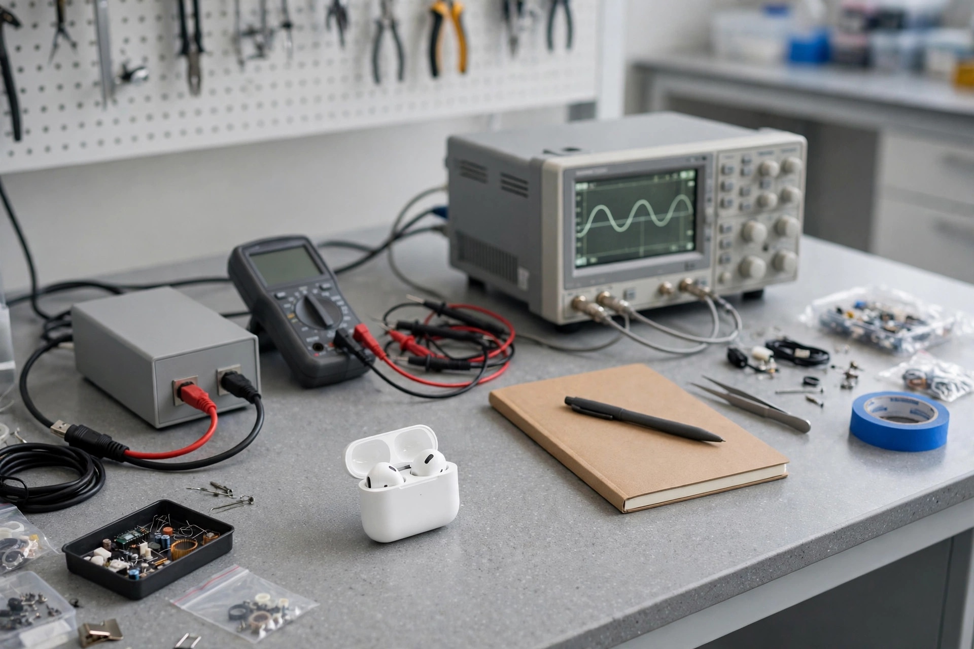 A product being tested in a laboratory: a sample on a bench with test equipment beside it