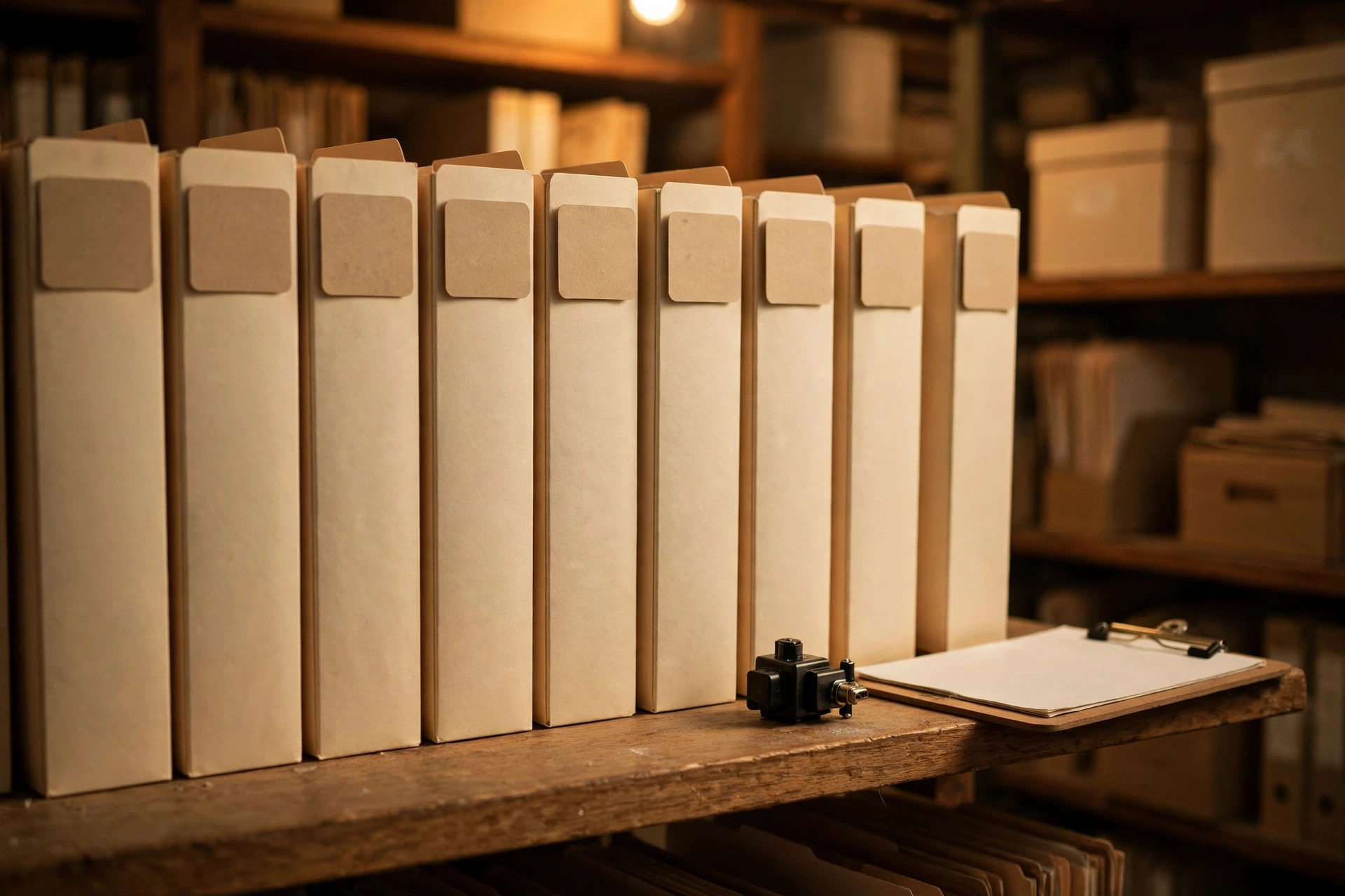 A shelf of product safety files: labelled folders, a product sample and a checklist